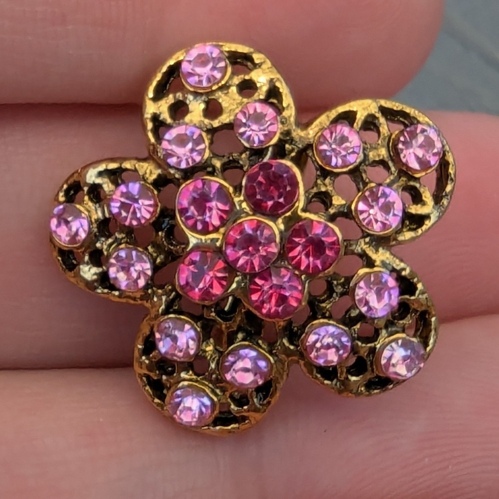 Vintage Pink Rhinestone Flower Brooch Gold Tone Filigree Floral Pin Feminine